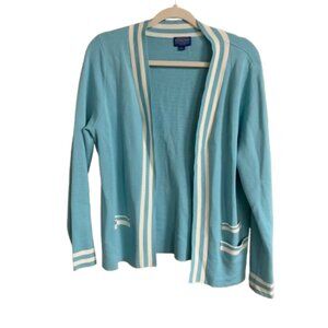 Pendleton Silk Blend Open Front Pastel Blue White Trim Large Women's Cardigan
